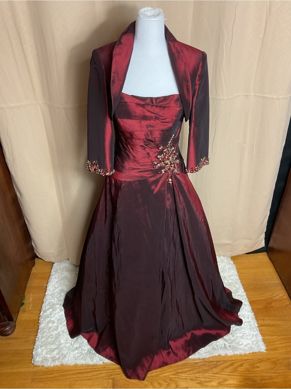Rina diMontella Wine Red Beaded Prom Gown with Matching Bolero